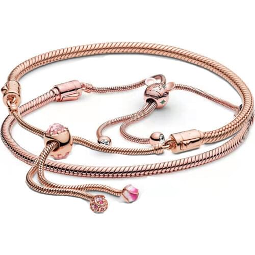 Rose Gold Castle Peach Blossom With Crystal Adjust Bracelet 925 Sterling Silver Bangle Fit Original Pandora Bead Charm Jewelry