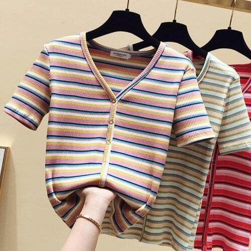 Sexy V-Neck Short Sleeve Stripe Tshirt Cotton Shirts Woman New Korean T-shirt Womens Tee Tees Tops Pink Purple Black 2021