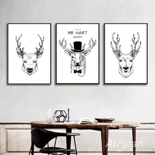 Nordic Minimalist Style Black And White Simple Retro Elk Deer Canvas Painting Wall Art For Living Room Home Decor Frameless