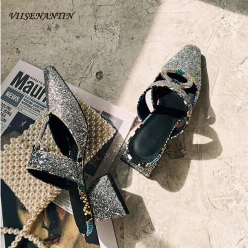 Thick-heeled square toe shiny lazy Muller shoes summer crystal ring buckle sweet high-heeled half slippers women