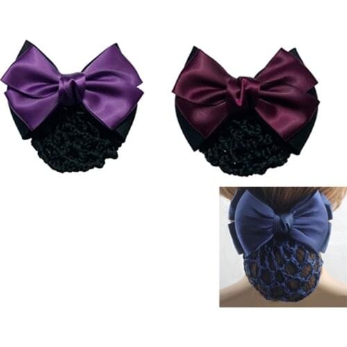 High Quality Satin Bow Rhinestone Barrette Lady Hair Clip Cover Bowknot Net Bun Snood