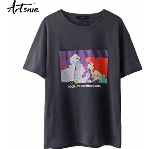 Artsnie disney cartoon print women t shirt summer o neck short sleeve tops femme streetwear casual black gray t-shirt mujer