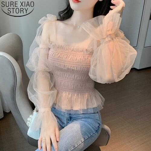 Sweet Pink Chiffon Blouse Women Mesh Off Shoulder Tops Ropa De Mujer 2021 Spring Korean Ladies Long Sleeve Women Shirts 10849