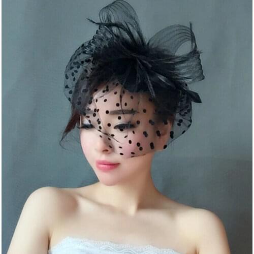 Vintage Natural Feather Fascinator Hair Clips For Women Red Black White Dot Veil Wedding Church Cocktail Party Bride Headdress