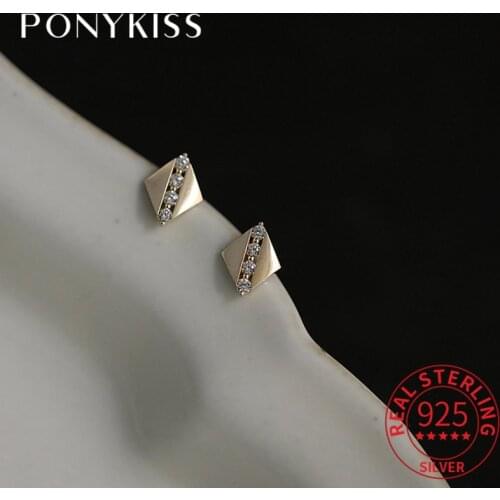 PONYKISS Trendy 925 Sterling Silver Square Zircon 14K Gold Stud Earrings For Women Party Fine Jewlry Elegant Gift Drop Shipping