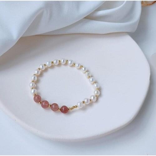 Best Sell 14K Gold Filled Natural Freshwater Pearl Strawberry Quartz Female Bracelet Original Jewelry For Women Birthday Gift