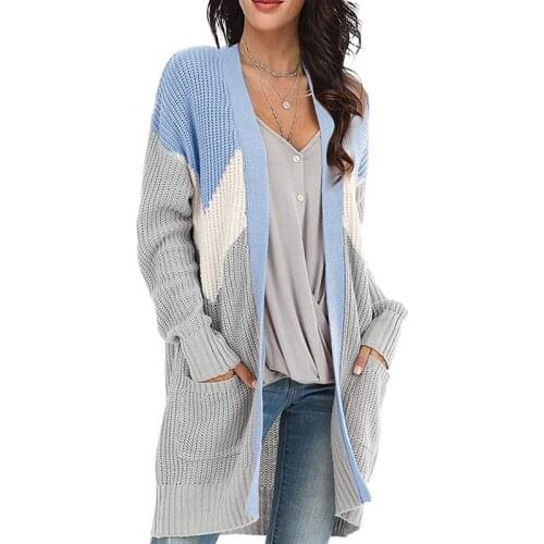 V Neck Knitted Cardigan Geometric Cardigan Women Long Sleeve Colorblock Pocket Sweater Long Knitwear Coat