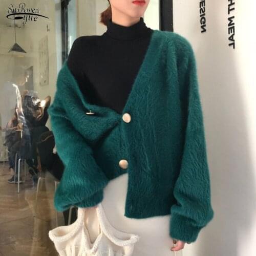 2020 Winter V-neck Knitted Jumper Cardigan Sweaters Elegant Lantern Sleeve Imitation Mink Jacket Lazy Loose Sweater Women 11635