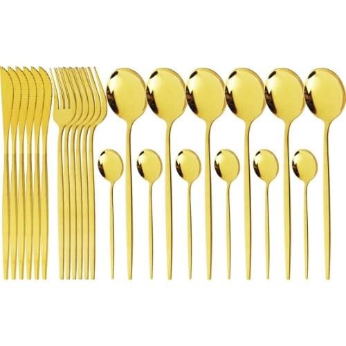 Gold Cutlery Mirror Stainless Steel Dinnerware Sets Knives Forks Tea Spoons Tableware Set Kitchen Dinner Flatware 24pcs Sets
