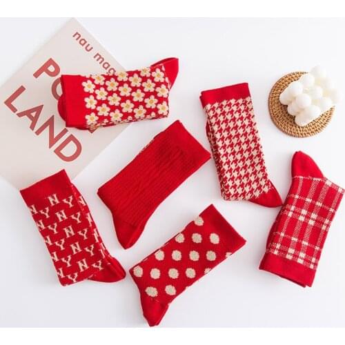 1 pair of autumn and winter cute new year christmas womens socks striped flower letter comfortable big red color cotton socks