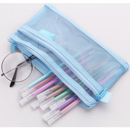 20 Pieces Simple Creative Transparent Pencil Case Stationery Bag Cosmetic Bag Double-layer Mesh Storage Tools Office Stationery