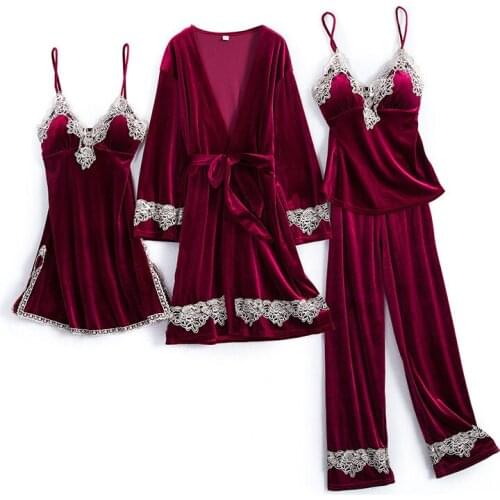 2020 Gold Velvet 4 Pieces Warm Autumn Winter Pajamas Sets Women Sexy Lace Robe Pajamas Sleepwear Suit Sleeveless Nightwear