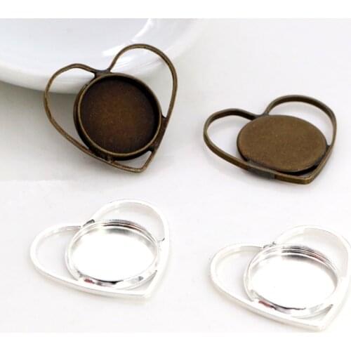 20pcs 12mm Inner Size Silver Plated Bronze Plated Brass Material Heart Style Cabochon Base Cameo Setting Charms Pendant Tray