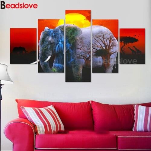 5pcs diamond painting African Elephant natural tree,3d full square round drill,mosaic cross stitch sunset diamond embroidery