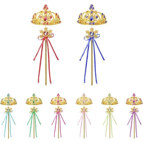 Girl Princess Cosplay Accessory Crown Magic Wand Halloween Party Supplies Girls Anna Elsa Sleeping Beauty Belle Roleplay Props