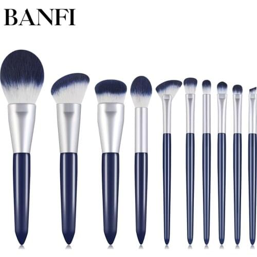BANFI 10 Dark Blue Makeup Brushes Tool Set Cosmetic Powder Eye Shadow Foundation Blush Blending Beauty Make Up Brush Maquiagem