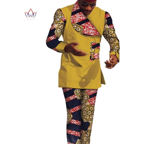 Bazin Riche Men 2 Pieces Pants Sets African Clothes Casual Men Patchwork Top Shirt and Pants Sets African Men Clothes WYN798