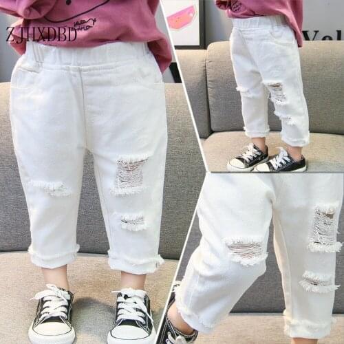 White Distrressed Holes Jeans for Girls Baby Girls Clothes Toddler White Trousers Long Pants Childrens Clothing Hot Trousers