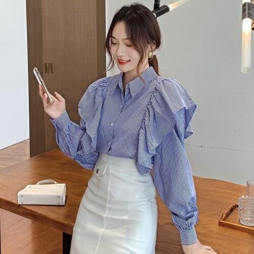 Blouse women 2021 Blue Striped Women Shirts Blouses Ruffles Blouse Flounces Tops V-Neck Long Sleeve Chic Woman Blusa Spring
