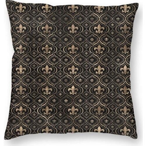 Fleur De Lis Pattern Black And Gold Cushion Cover Sofa Living Room Lily Flower Square Throw Pillow Case 40x40