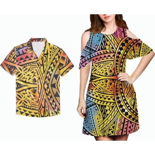 HYCOOL Yellow Polynesian Tribal Design Retro Lady Sexy Cold Shoulder Dress & Men Shirt Couple Casual Vacation Honey Moon Dress