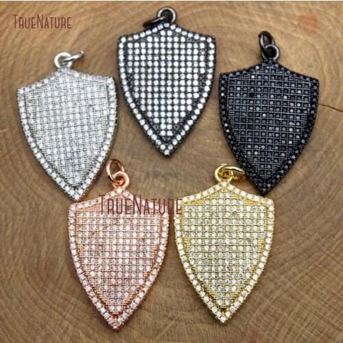 Shield Shape Copper Jewelry Clear Zircon Micro Pave Rose Gold Silver Black Electroplated Shield Pendant In 28*18 mm PM9163