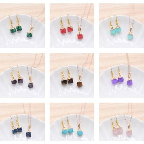 Trendy Square Gemstone Necklace And Earrings Jewelry Set Quratz Crystal Pendant Necklace with Gold Chains for Women Gift