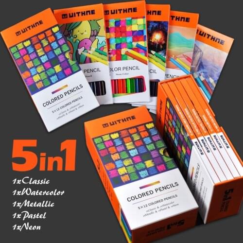 Five Boxes In One Set Classic Watercolor Neon Metallic Pastel 5x12 Colored Pencils Art and School Supplies for Adult and Kids