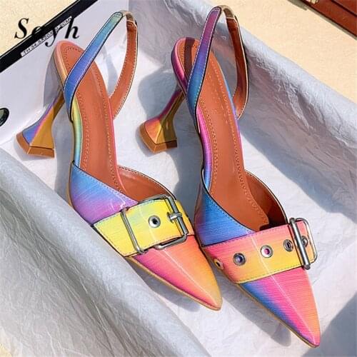 Womens Summer Sandals Pointed Toe Rock Buckle Shoes Patchwork High Heels Pumps Shoes Rome Gladiator Shoes