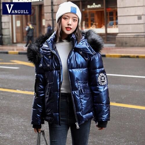 Vangull Winter Women Short Glossy Jacket Down Cotton Hooded Parkas coat Big Fur Collar Casual Pearlescent Leather Thick Jacket