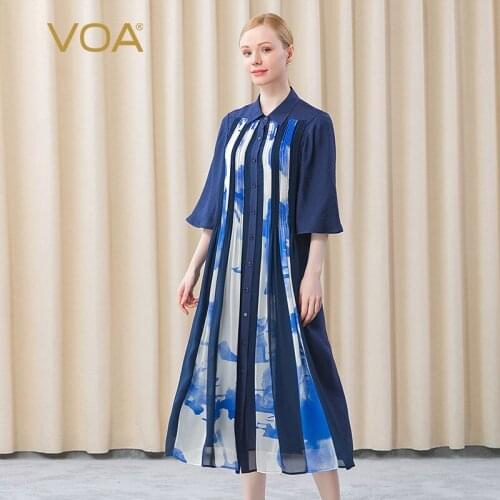 VOA Silk Dark Blue Jacquard Plain Black Picturesque Polo Collar Stripe Contrast Stitching Single Breasted 3/4 Sleeve Dress AE727