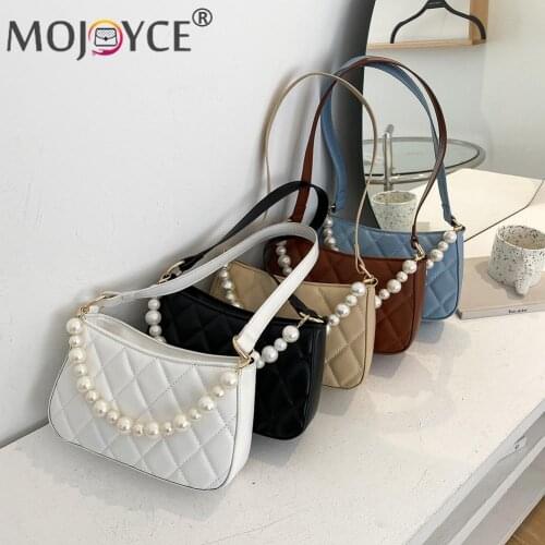Fashion Women PU Shoulder Underarm Bag Lattice Pattern Single Shoulder Bag Ladies Pearl Chain Solid Color Small Handbag