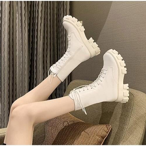 Women Ankle Boots Autumn Winter Fashion Short Boots Ladies Zipper Lace Up Mid-Calf Boots Non-Slip Thick Bottomn Footwear 2021