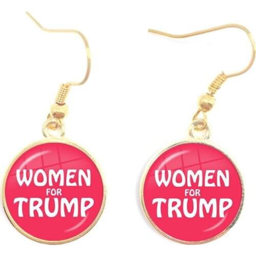Women For Trump 2020 American Election Glass Cabochon Earrings 3D Print Golden Plated Drop Earrings Jewelry For Women Girls