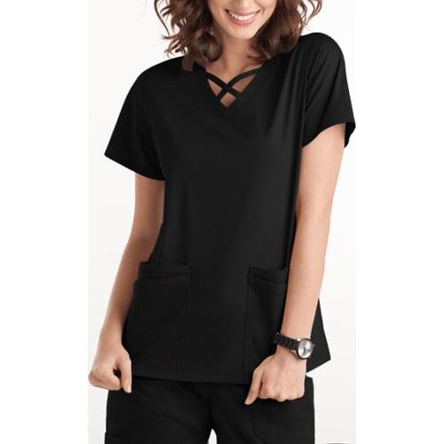 Beauty Salon Nursing Scrubs Tops Women Short Sleeve V-Neck Care Workers T-Shirt With Pocket Work Uniform Gorro Enfermera A50