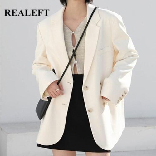 REALEFT New 2021 Double Breasted White Womens Blazers Pockets Female Formal Jackets Elegant Loose Outerwear Tops Spring Autumn