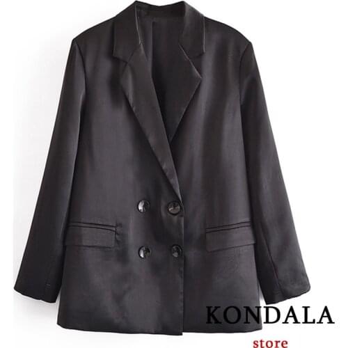 KONDALA Women Chic Black Office Lady Oversized Stain Blazer Za 2021 Double Breasted V Neck Loose Long Jackets Streetwear Outwear