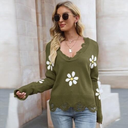 Sexy V-neck Sweater Womens 2021 Fall/winter New Style Ripped Long-sleeved Loose Small Flower Pullover Sweater Bottoming Top