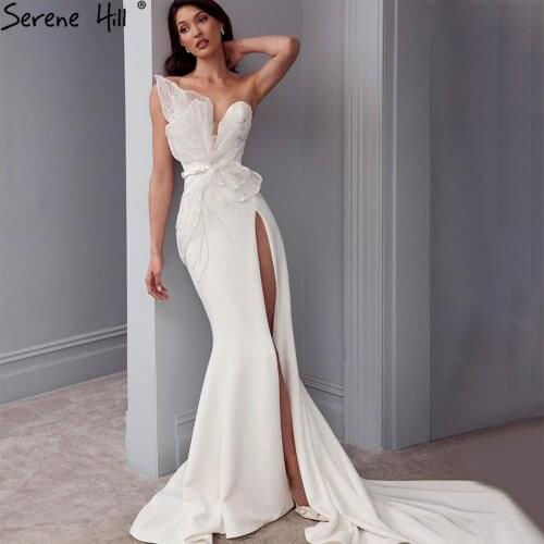 Serene Hill White Mermaid Satin Evening Dress 2021 Beading Elegant Sexy Women Formal Party Wear Gown CHM67188