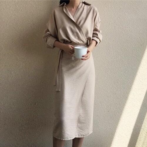2021 Korean Elegant Adjust Waist Strap Shirt V Neck Long Sleeve Office Lady Dress Z835