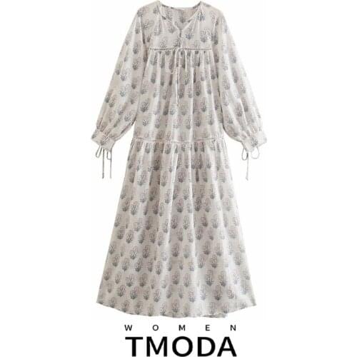 TMODA1531 Za 2021 Women Chic Fashion Patchwork Floral Print Midi Dress Vintage Long Sleeve With Tied Female Dresses Vestidos