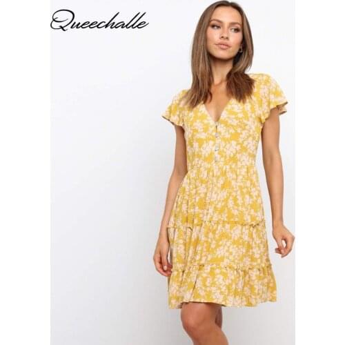 New 2021 Spring Boho Floral Print Dress Women Casual V Neck Button Summer Dress Ladies Short Sleeve Loose A Line Dresses Yellow
