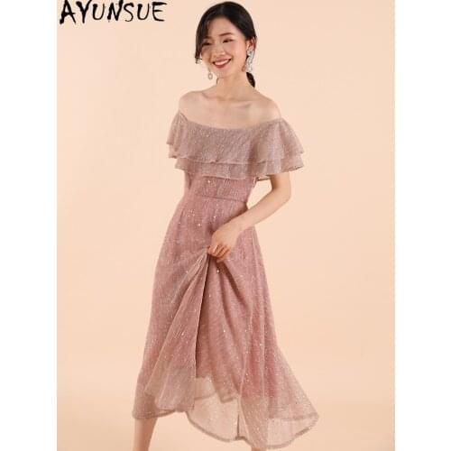AYUNSUE 2021 Summer Dress Woman Pink Bridesmaid Mesh Dresses for Women Clothes Party Elegant Midi Dress Female Vestido De Mujer