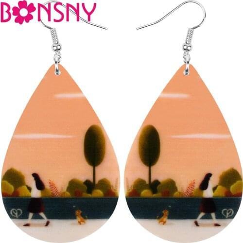 Bonsny Acrylic Teardrop Girl Cat Tree Earrings Drop Dangle Jewelry For Women Girl Teen Kid Charm Gift Party Decoration Accessory