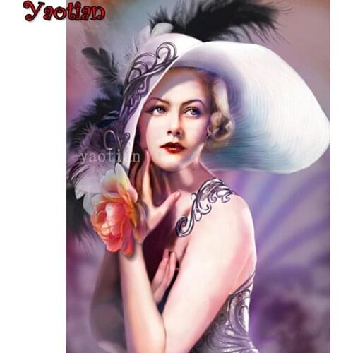 5D DIY Diamond Painting European Beautiful Lady Flower Hat Cross Stitch Kit Full Square Drill Diamond Embroidery Mosaic Decor