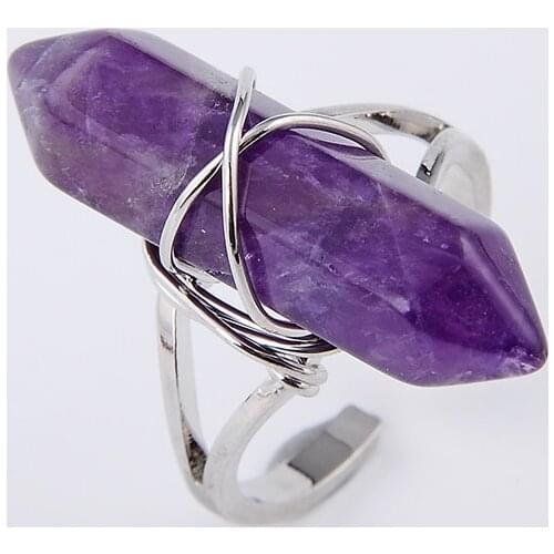 Healing Chakra Natural Stone Amethysts Purple Crystal Quartz Hexagonal Metal Wire Wraped Opening Finger Ring For Women Jewelry
