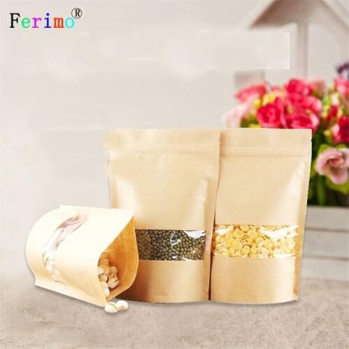 Ferimo 100pcs 18 x 26 cm(7 x10.2in) Film Kraft Paper Zipper Bag Stand Up Food Storage Pouch With Window Package Bags Wholesale