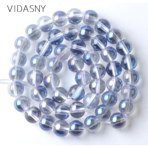 Plated AB Blue Smooth Glass Crystal Beads For Jewelry Making Round Spacer Loose Beads Diy Bracelets Jewellery 6 8 10 12mm 15inch
