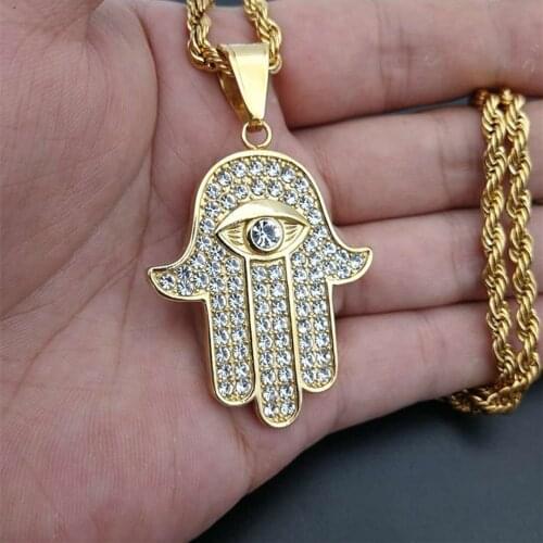 Stainless Steel Hamsa Hand of Fatima Pendant & Chain Male Gold Color Paved Rhinestones Palm Necklaces For Men Turkish Jewelry