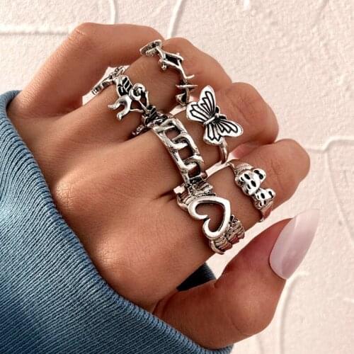 6Pcs Vintage Silver Plated Angel Wings Butterfly Ring for Womens Gothic Punk Steampunk Heart Butterfly Skull Ring Party Jewelry